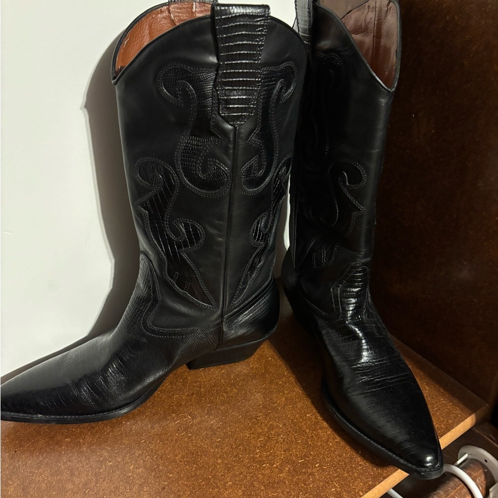 Nine West Black Western Cowboy Boots with Decorative Stitching